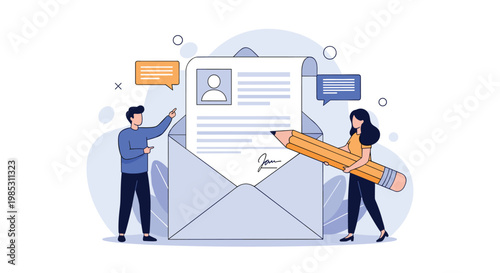 Man and woman working together to prepare a professional resume or job application document emerging from a large white envelope.