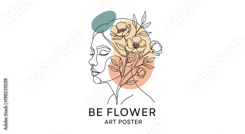 Single line art illustration of a woman face in profile with blooming flowers and leaves as her hair for an art poster.