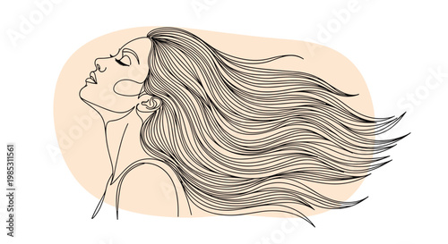 Elegant line art drawing of a woman in profile with long wavy flowing hair set against a soft peach oval background.