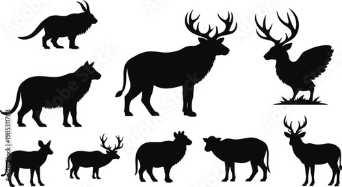 Wildlife animal silhouette vector set with deer wolf bear fox and fantasy creature icons for nature and hunting design