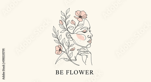 Minimalist line art profile of a woman with pink flowers and green leaves entwined in her hair for botanical beauty branding.