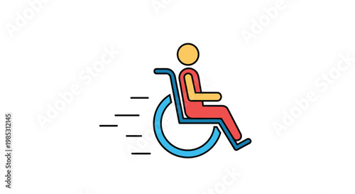 Icon of a person using a wheelchair moving at high speed depicted with simple lines on a plain white background.