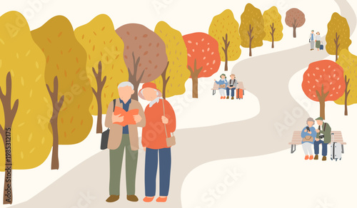 シニア夫婦の観光・散策シーン 秋の旅行・ツアーイメージ