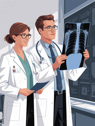 Two doctors examining a medical x-ray image in a hospital