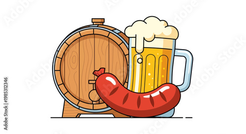 Oktoberfest Beer Mug, Sausage, and Wooden Barrel Illustration
