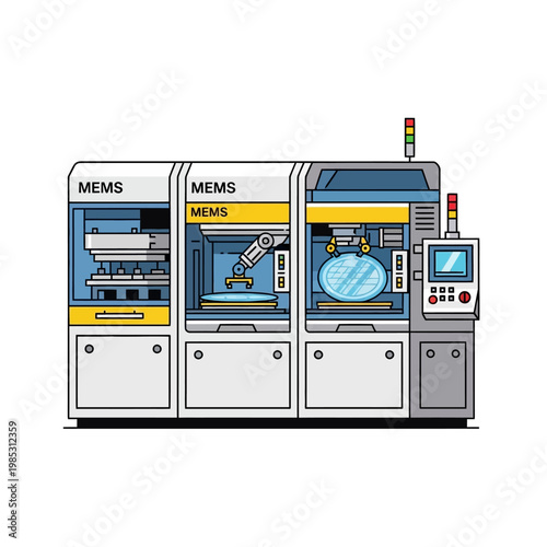 Advanced MEMS manufacturing machine for microelectronics production, robotic arm and cleanroom environment.