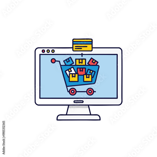 Online shopping cart on computer monitor, digital retail.