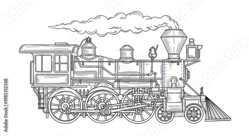 Vintage Steam Locomotive Drawing, Old Train Illustration, Transportation Icon