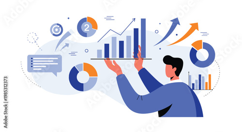 Male analyst interacting with various colorful data visualizations including bar charts and pie graphs for business insights.