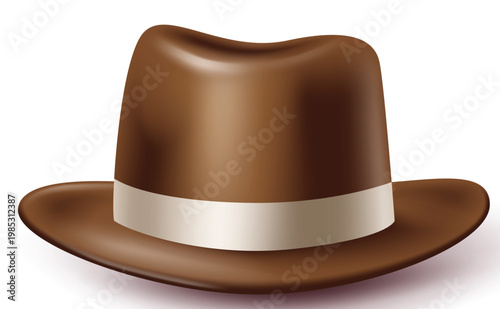 Classic Brown Fedora Hat Icon With White Ribbon Isolated On White Background Vector Illustration