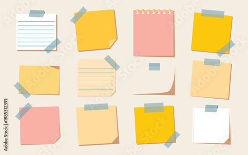 A collection of sticky notes and paper sheets with tape on a beige background