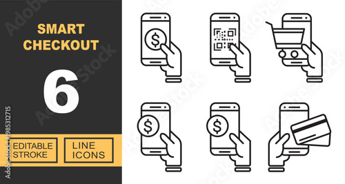 Smart Checkout line icon set. Exclusive Smart Checkout line icon collection. Containing Smartphone, QR-code, Cart, Payment, Digital, Card, Transaction, Wireless, NFC, Receipt. Editable stroke.