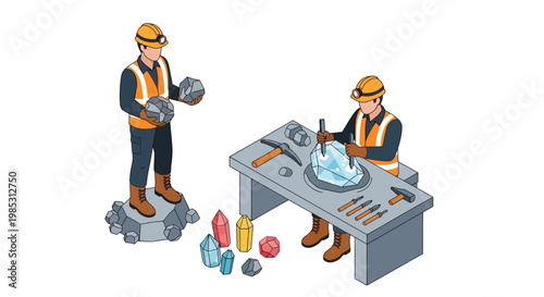 Miners extracting and carving precious gemstones and minerals from the earth, showcasing the process from raw extraction to refined artistry.
