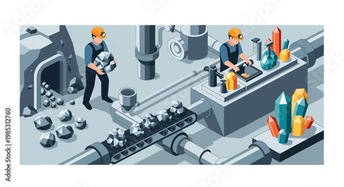 Isometric illustration depicting a mining operation with workers extracting and processing valuable minerals and crystals.