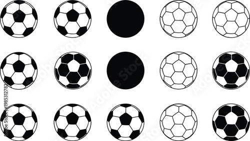 Black and white soccer ball icon set with various styles, seamless pattern collection, minimalist sports design elements for football themes, backgrounds, and branding use