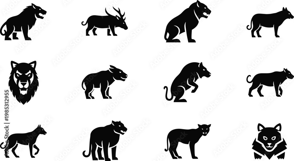 Obraz premium Wild animal silhouette vector icon set with lion tiger wolf panther predator collection for wildlife nature design and branding