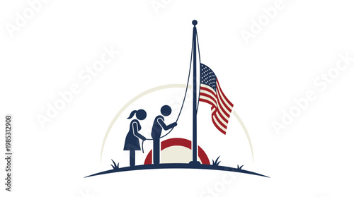 Children Raising American Flag Together