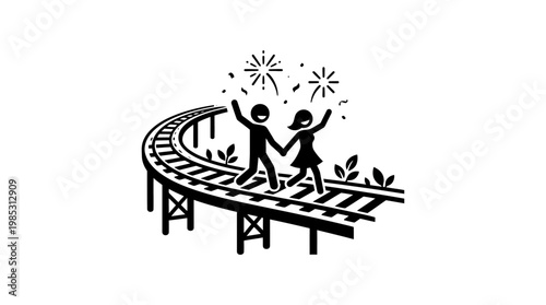 Joyful Couple Walking a Railroad Bridge with Sparklers