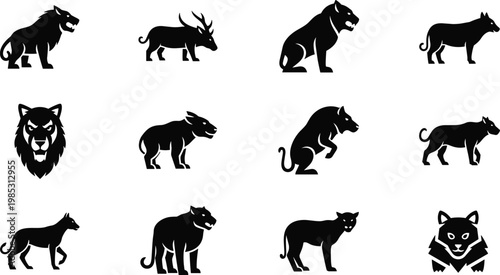 Wild animal silhouette vector icon set with lion tiger wolf panther predator collection for wildlife nature design and branding