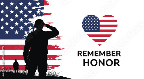 Patriotic memorial day illustration with the silhouette of a saluting soldier and the american flag as a tribute to veterans.