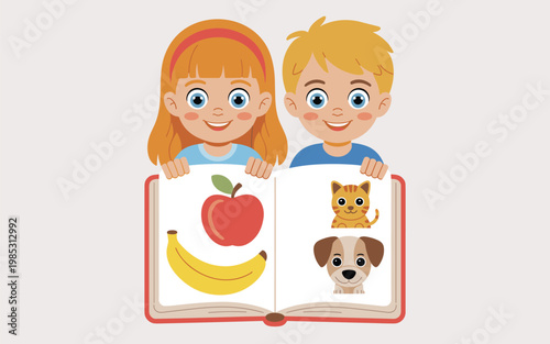 Two children happily hold up an open book with illustrations of a cat, dog, apple, and banana.