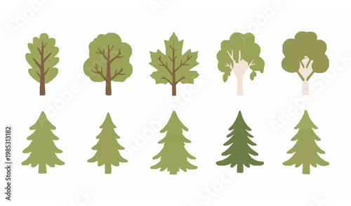 Hand drawn tree icon set deciduous and coniferous flat vector for map and urban design