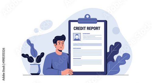 Person standing next to a large credit report document on a clipboard for financial status check and personal banking services.