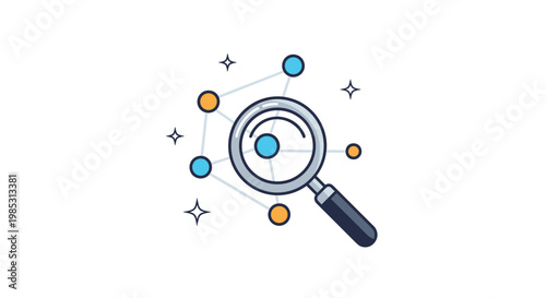 Magnifying glass examining a network of connected dots and lines representing search optimization and data discovery concepts.