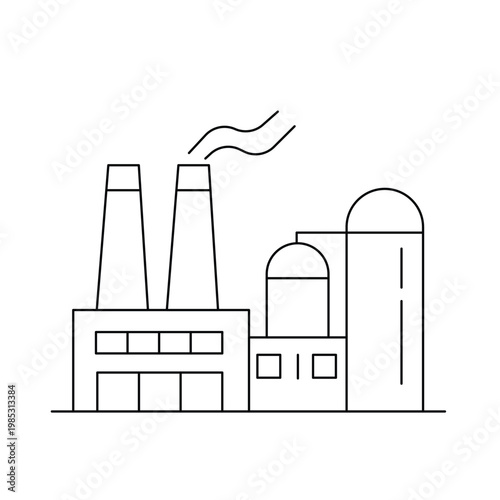 Industrial factory building icon with chimneys and storage tanks for energy or manufacturing.Editable stroke, Vector illustration, Line art Icon, Symbols.