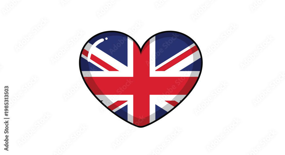 Fototapeta premium Glossy heart-shaped icon containing the Union Jack flag of the United Kingdom, symbolizing love for the country and British pride.