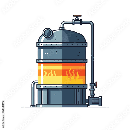 Industrial Boiler Tank with Heating Flames and Pipes