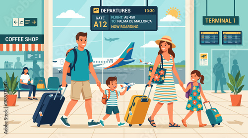 Happy Family with Luggage Walking in Airport Terminal Summer Season Event Travel Promo Flat Vector Illustration