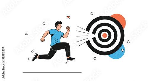 Determined man running fast towards a large target board representing motivation goal setting and high performance in life.