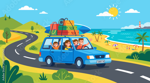 Happy Family Road Trip Driving Car Loaded with Luggage on Coastal Road Summer Season Event Travel Promo Flat Vector