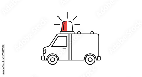 Simple line drawing of an emergency ambulance vehicle with a glowing red siren on top for medical and rescue service concepts.