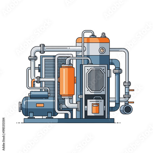 Industrial Chiller Unit with Pipes and Compressor, Modern Engineering Design