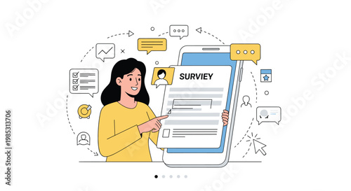 Young woman interacting with a digital survey form displayed on a large smartphone screen surrounded by feedback icons.