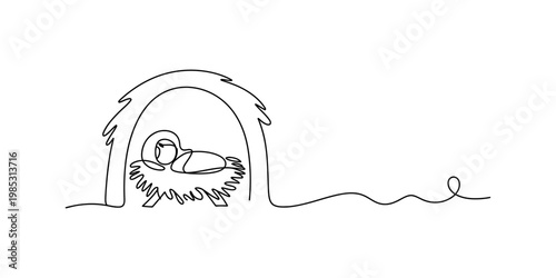 A minimalist single line drawing of the baby jesus resting inside a simple wooden stable manger Vector, illustration