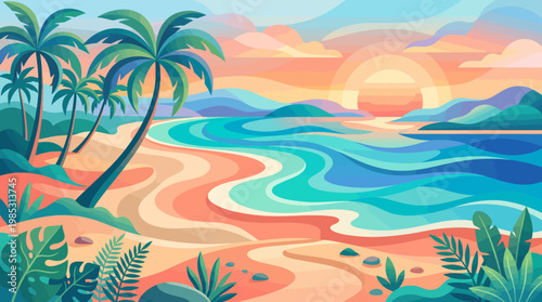 Modern Layered Tropical Summer Season Event Beach Sunset Poster Background Flat Vector