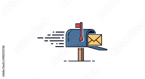 Blue mailbox with a yellow envelope inside showing motion lines to represent fast mail delivery and communication services.