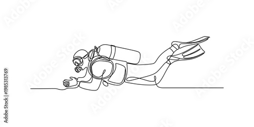 A single continuous line drawing of a scuba diver exploring the deep ocean floor in black and white Vector, illustration
