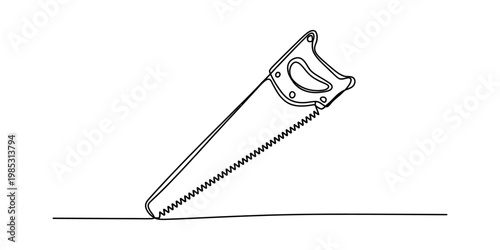 A simple black and white line drawing of a standard hand saw resting on a flat wooden surface. Vector, illustration