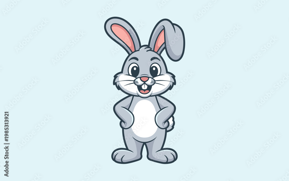 Fototapeta premium A cheerful cartoon rabbit stands smiling in a light blue environment.