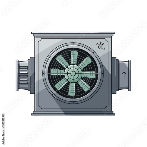 Industrial ventilation fan unit with CO2 symbol, air circulation, HVAC equipment
