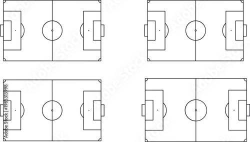 Collection of Four Soccer Field Line Icons Featuring Professional Football Pitch Layouts With Goal Areas Center Circles and Corner Markings for Sports Strategy Design