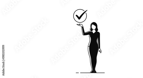 Elegant silhouette of a woman standing and holding a circular checkmark icon representing approval or choice.