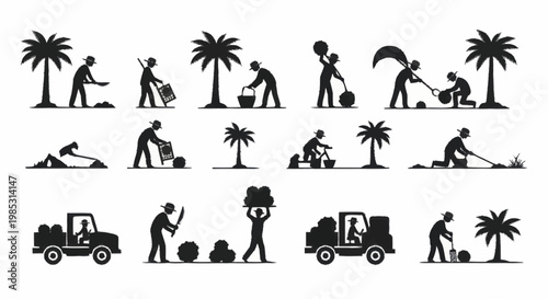 Silhouettes of people performing various agricultural tasks with palm trees.