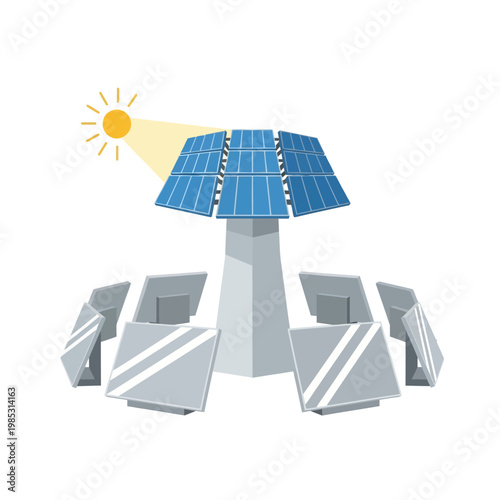 Modern Solar Panel Array System with Sun and Tower
