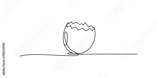 A single continuous line drawing of a cracked eggshell sitting on a flat horizontal surface line. Vector, illustration