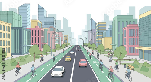 Urban cityscape with separated bike lanes, people cycling safely, minimal flat vector style, soft pastel palette, eco-friendly transportation concept, high detail